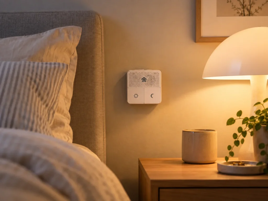 Hvid vægmonteret alarmenhed ved sengen i et almindeligt dansk soveværelse med natbord og tændt lampe.